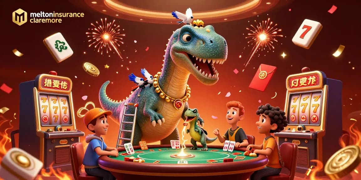 Engage with meltoninsuranceclaremore at a vibrant casino where a giant brontosaurus oversees players at a poker table surrounded by exciting gaming elements.
