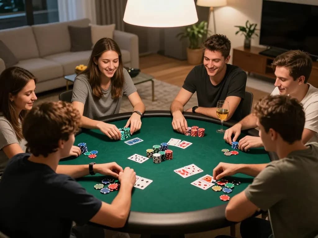 uu88 players enjoying a lively poker game with chips and cards in a cozy setting.