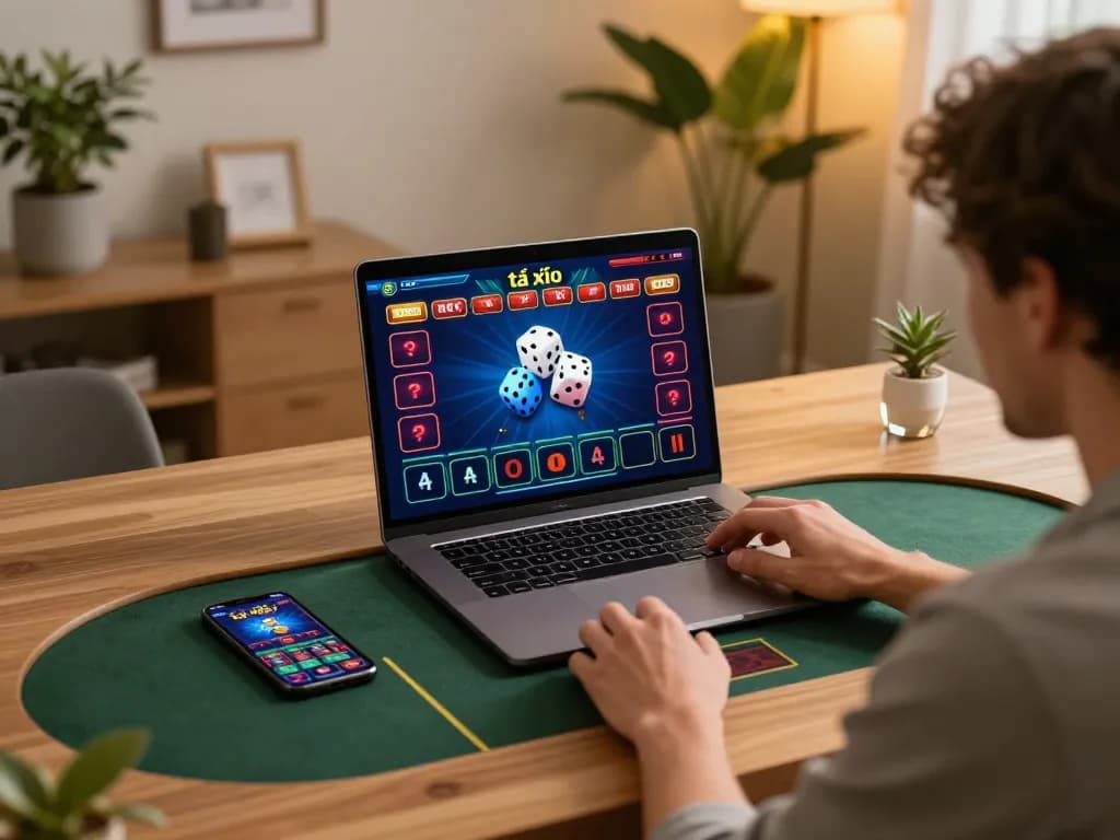 Engaging in tài xỉu online from a cozy home setup, featuring vibrant interface and a player focused on betting.