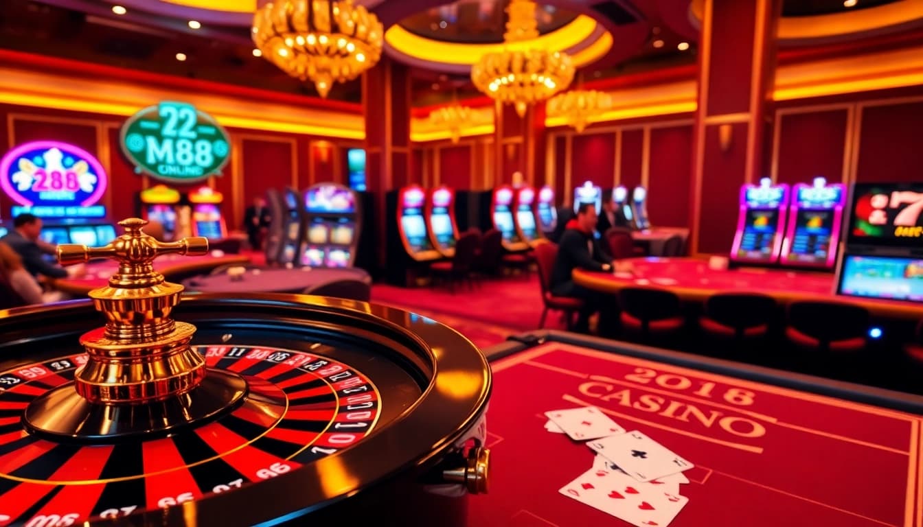 An exciting m88 casino scene with roulette, poker tables, and slot machines inviting gamblers for a thrilling experience.