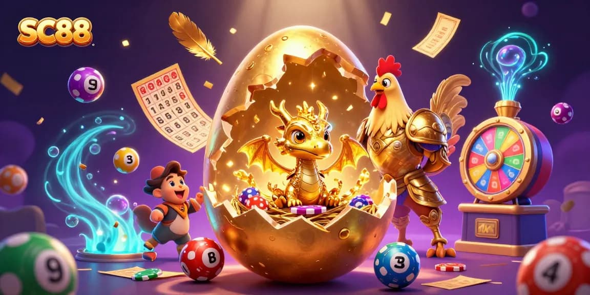 Experience SC88's vibrant 3D casino gaming scene with golden dragon, lottery elements, and dynamic casino symbols.