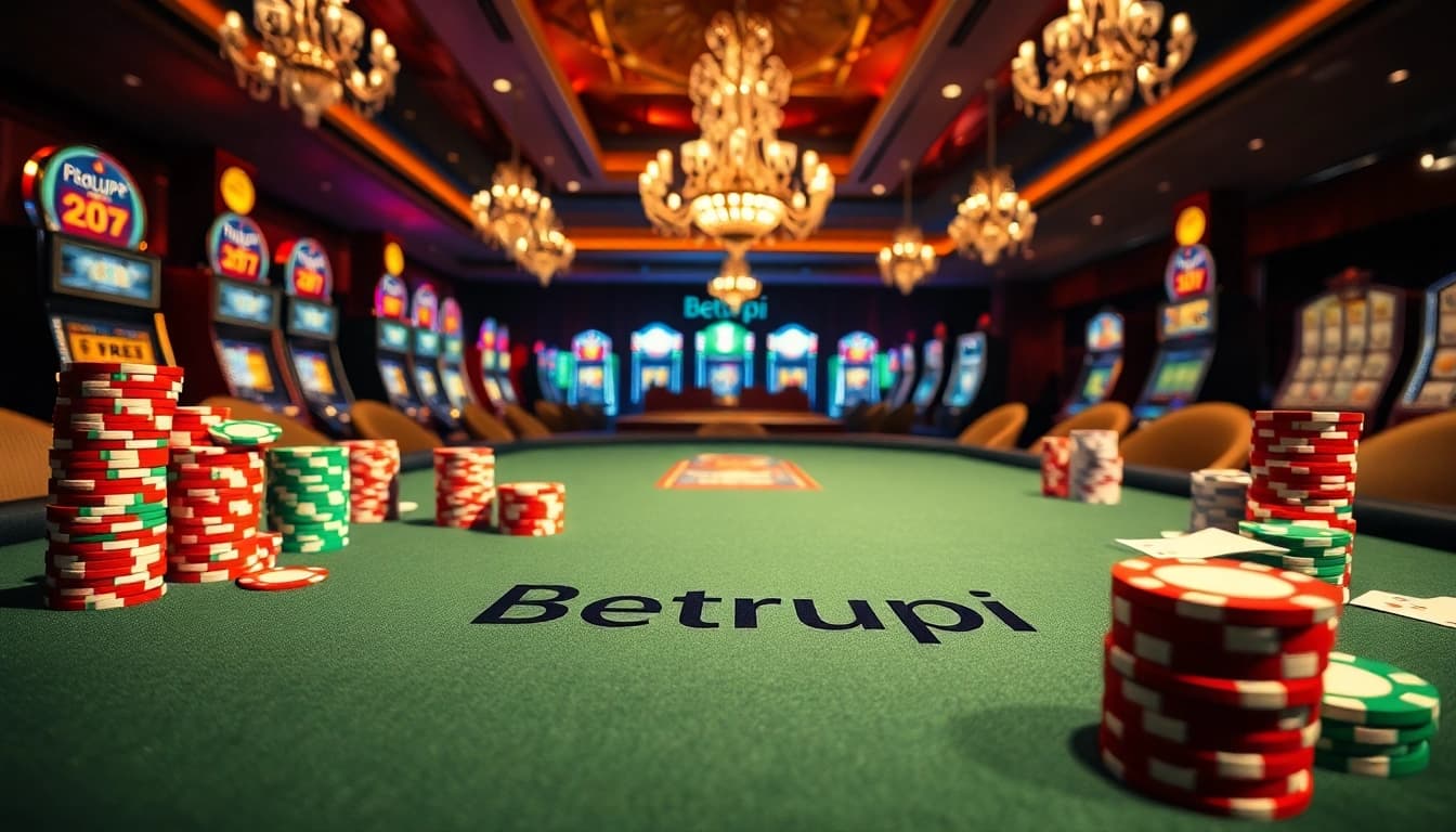 Betrupi ile renkli poker taşlarının bulunduğu kasinoda heyecan dolu bir masa.