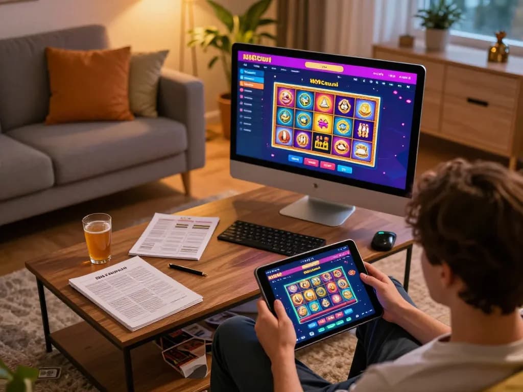 Player engaging with 100cuci online slot games on a tablet, showcasing a cozy home gaming atmosphere