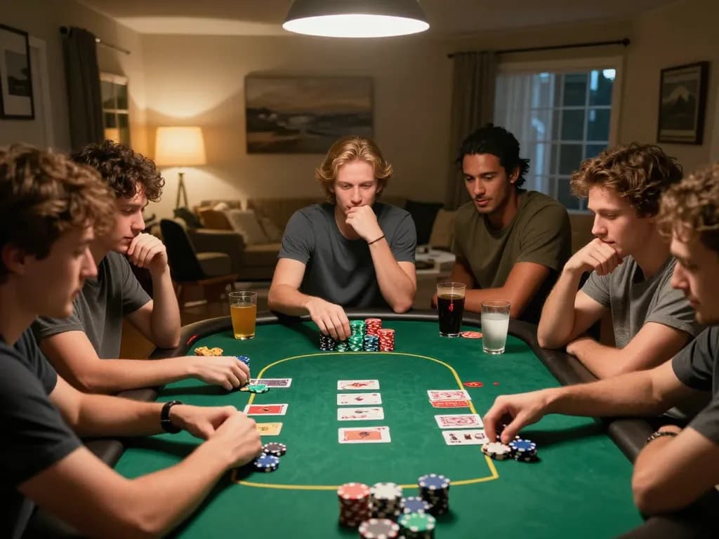 Engaging poker night scene featuring friends playing kerajaanslot at home with chips and cards.