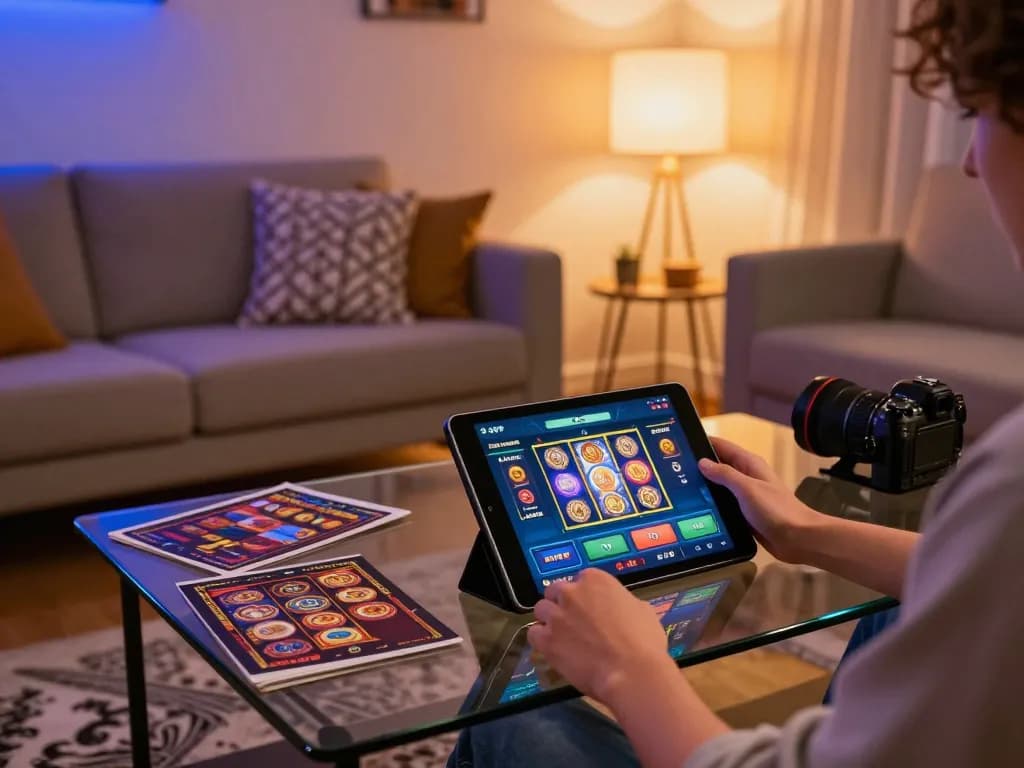 Engaging with the 789P casino app in a cozy home environment, showcasing responsible gaming.