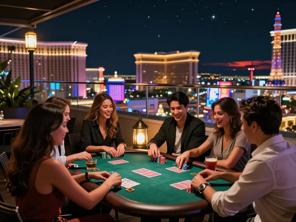 Friends enjoy a lively poker game on a rooftop while celebrating hytw3339 strategy under neon casino lights.