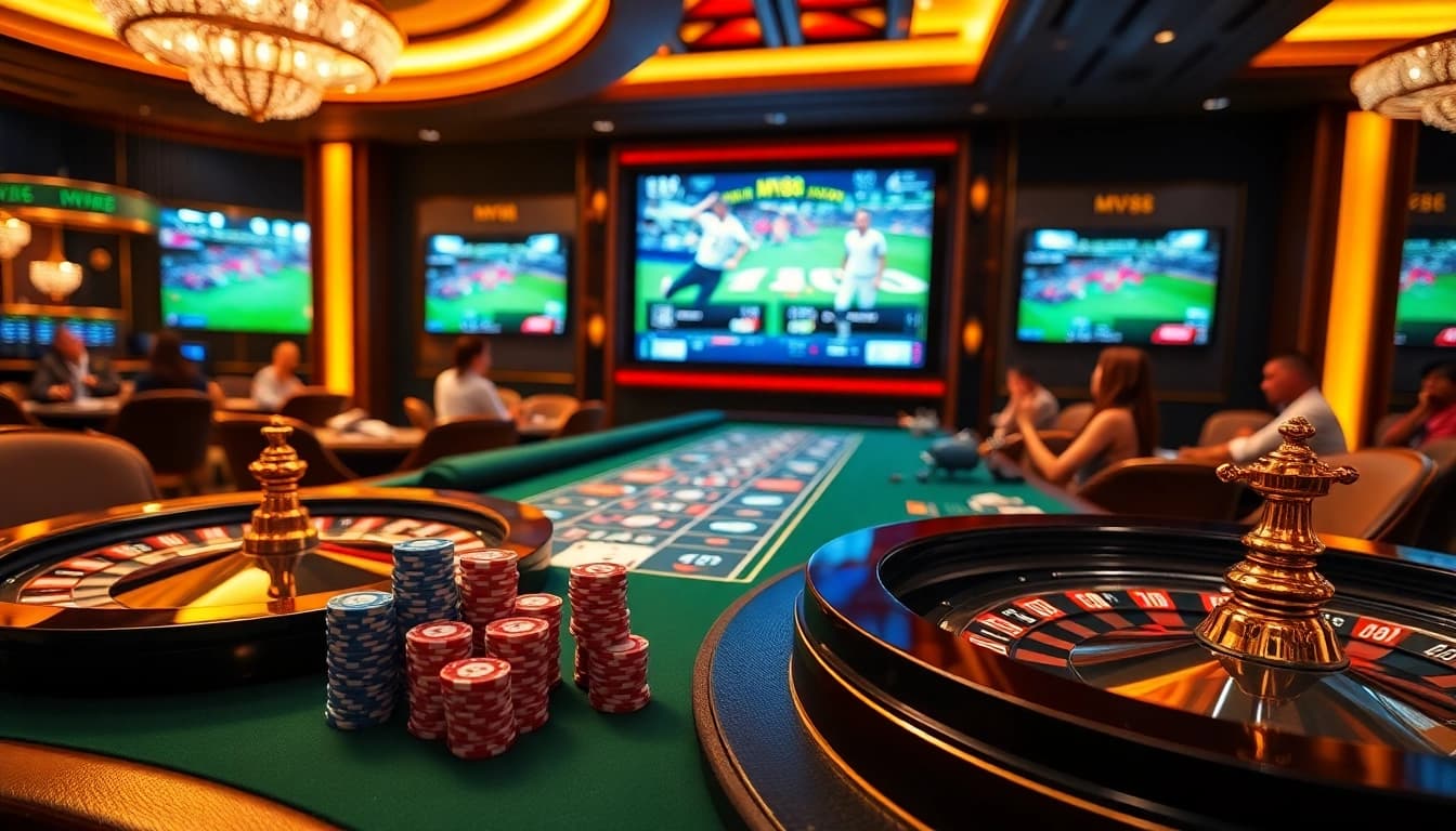 Casino excitement at MV88 with poker chips and cards on a table.