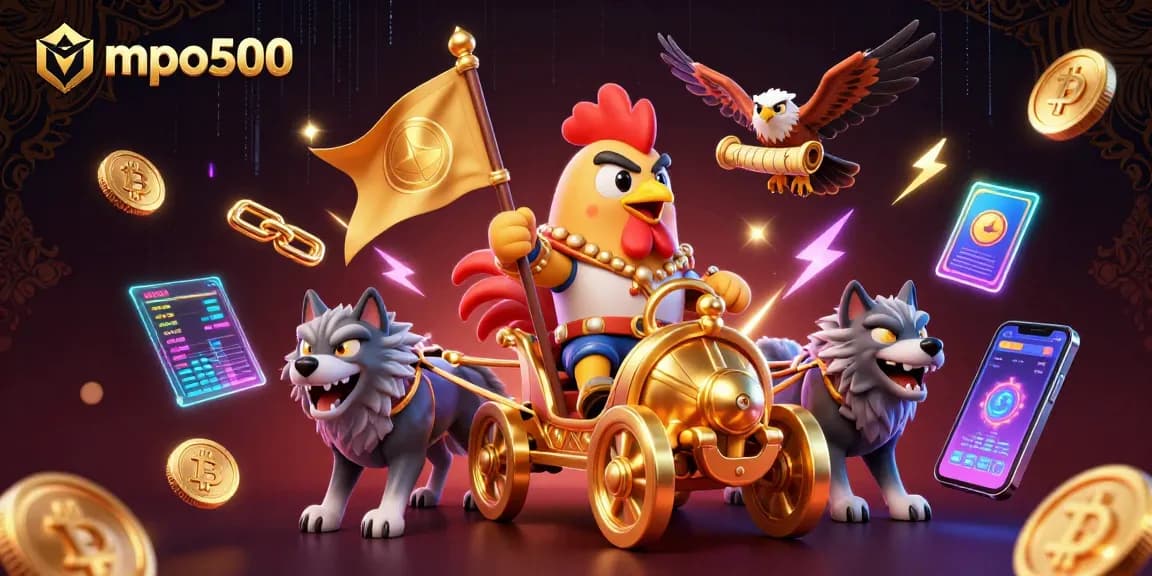 Bet on mpo500 with a cartoon rooster warlord leading a vibrant digital casino adventure.