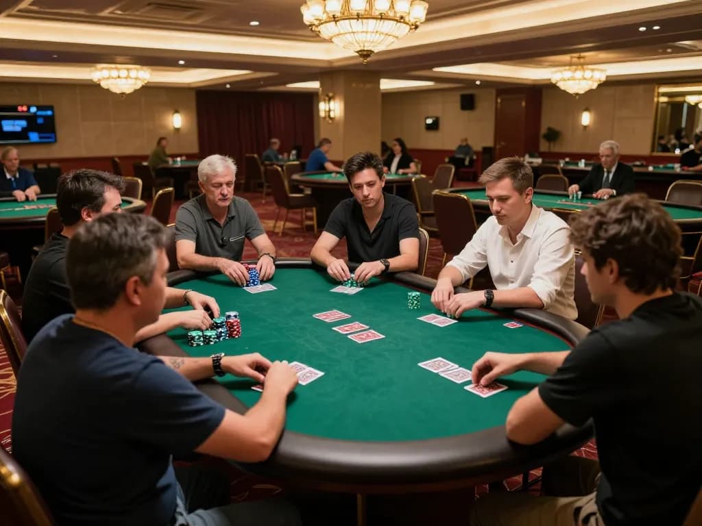 Participants strategizing in a high-stakes poker game, C 168 atmosphere, luxurious casino setting.