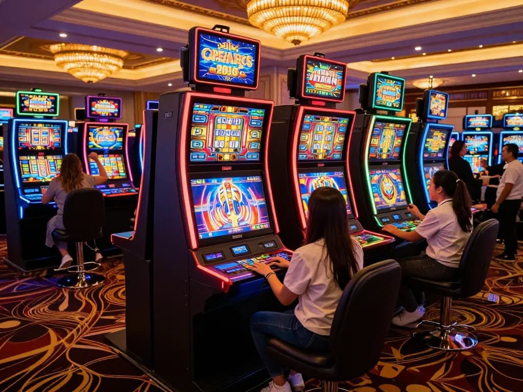 Engaged players celebrating wins on dewa slot machines in vibrant casino atmosphere.