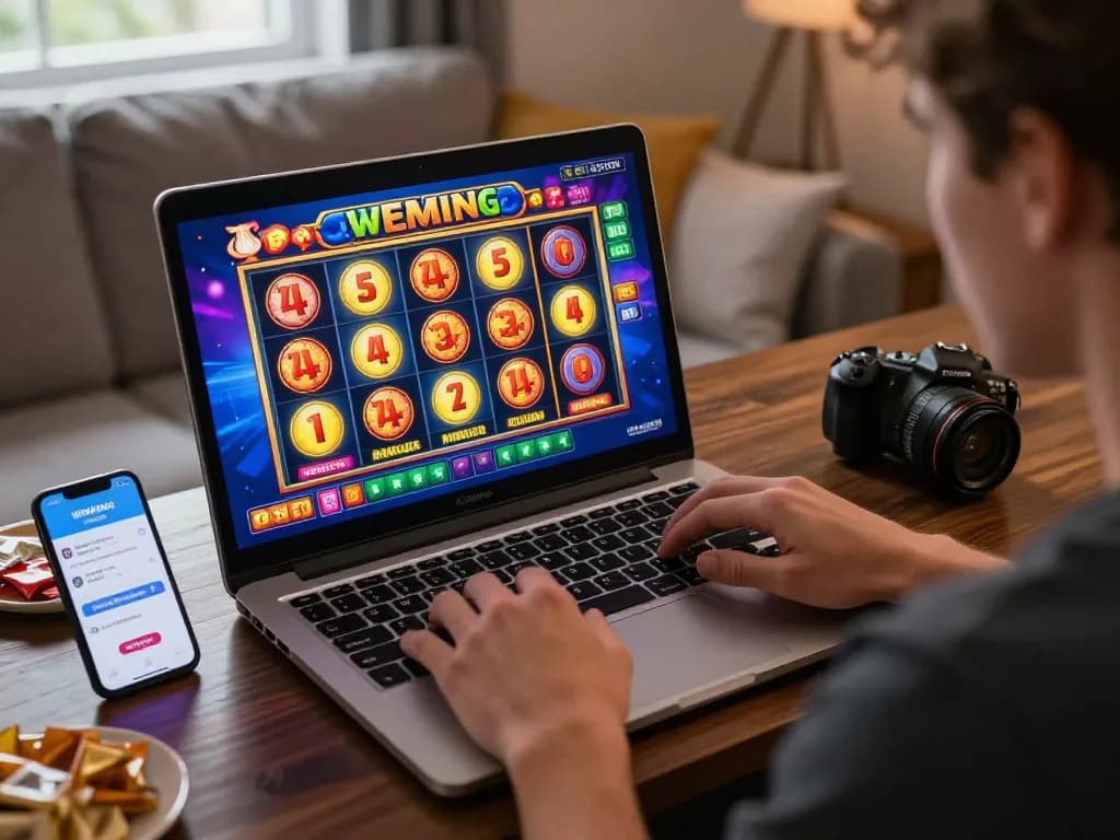 Seorang pemain terlibat dalam dunia cerah slot online laoban188, berinteraksi dengan grafik menarik di laptop, menciptakan suasana perjudian yang hidup.