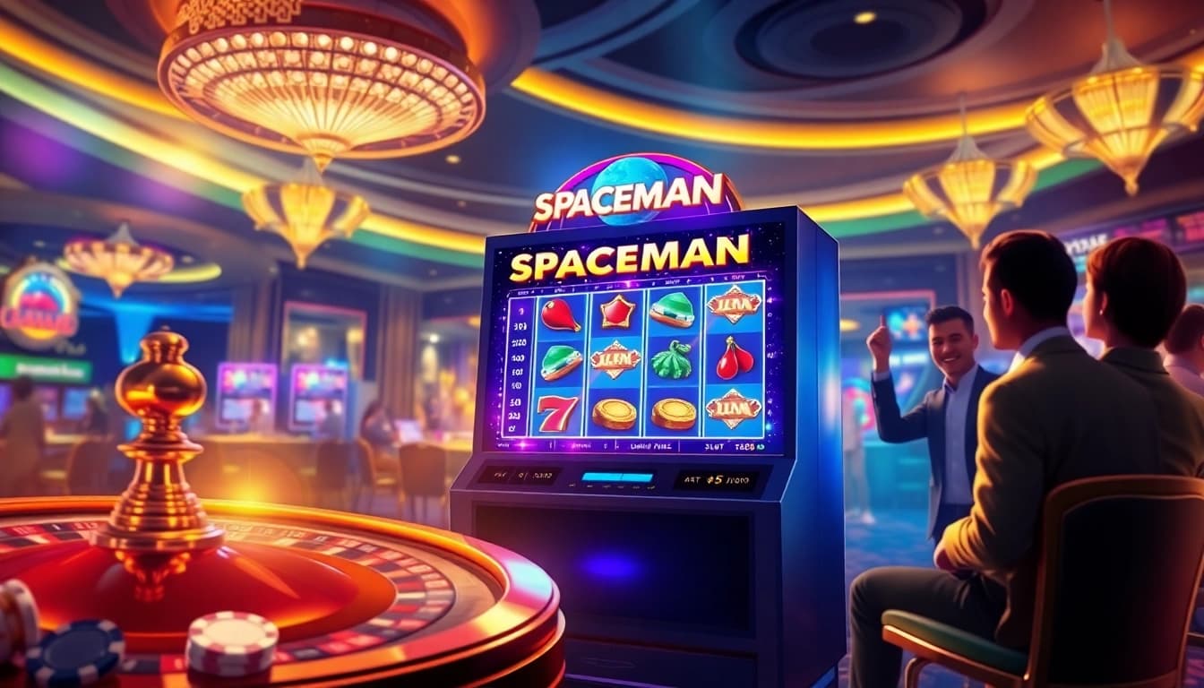 Engaging players enjoying an exciting Spaceman slot game in a luxurious casino setting.