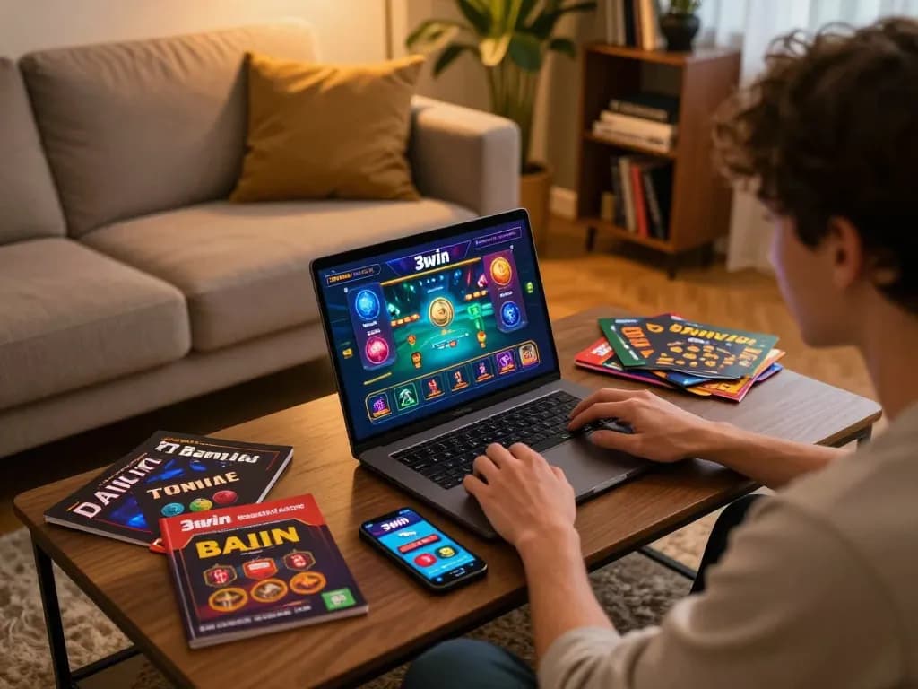 Enjoying a thrilling online gaming session with 3win on a laptop, showcasing vibrant graphics and strategy guides.