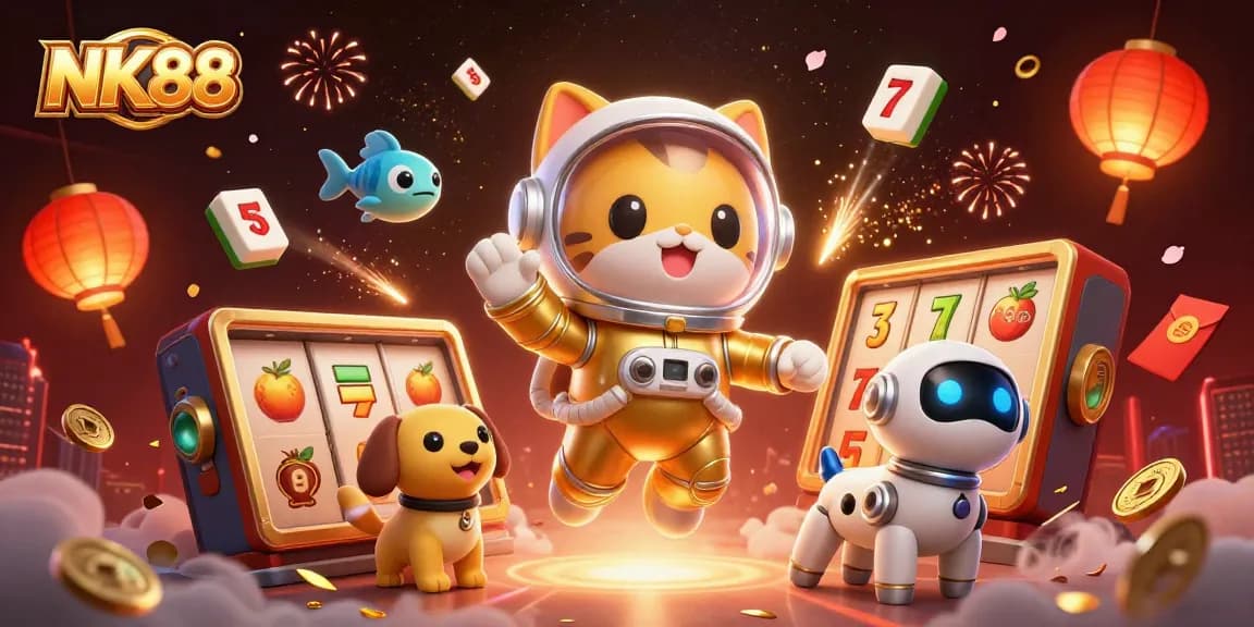 Engage with NK88's vibrant gaming universe, featuring cartoon characters amidst a lively casino scene.