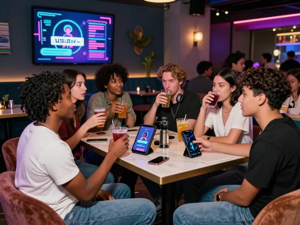 Engaging social scene exploring ai sex chat in a vibrant modern lounge.