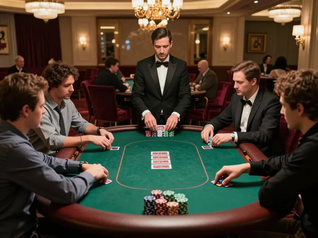 11win poker players strategizing bets at an upscale casino table under warm ambient lighting