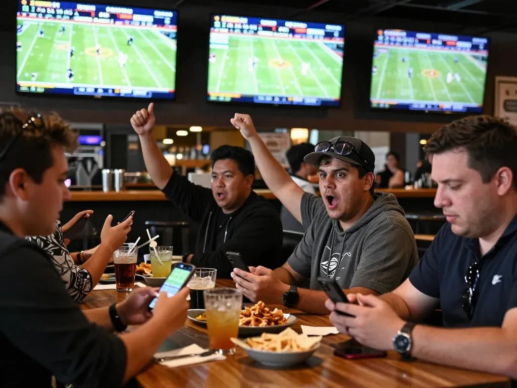 Tỷ lệ kèo nhà cái 5 shows sports enthusiasts betting on multiple screens during a game.