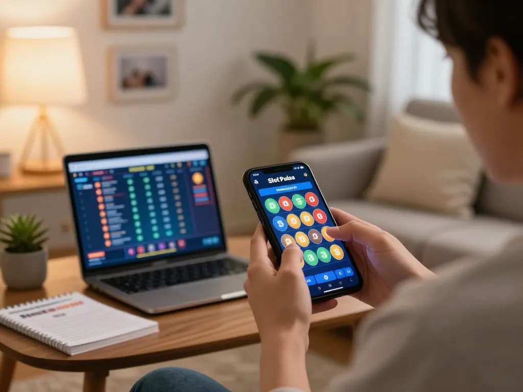 Engaging in Slot Pulsa gameplay on a mobile device in a cozy home environment, showcasing strategic gaming.