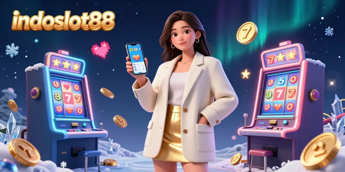 Play exciting slot games on indoslot88, featuring a beautiful Asian woman with a smartphone in a vibrant casino scene.
