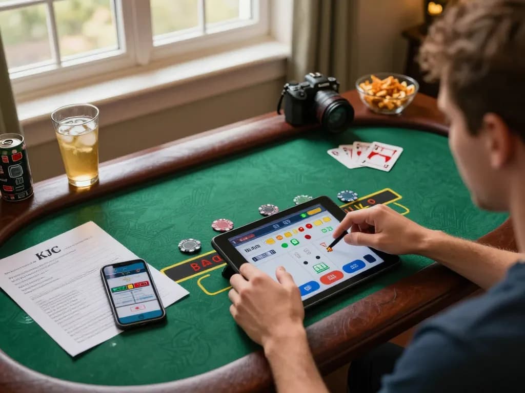 KJC player engaged in live dealer blackjack on tablet, showcasing strategic gameplay at home.