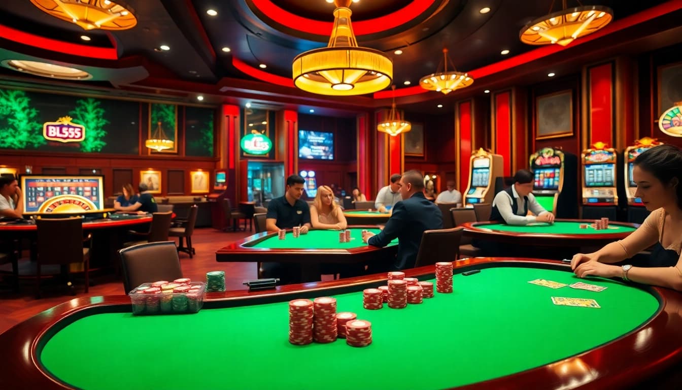 Exciting poker game scene at BL555 casino with vibrant tables and colorful chips.