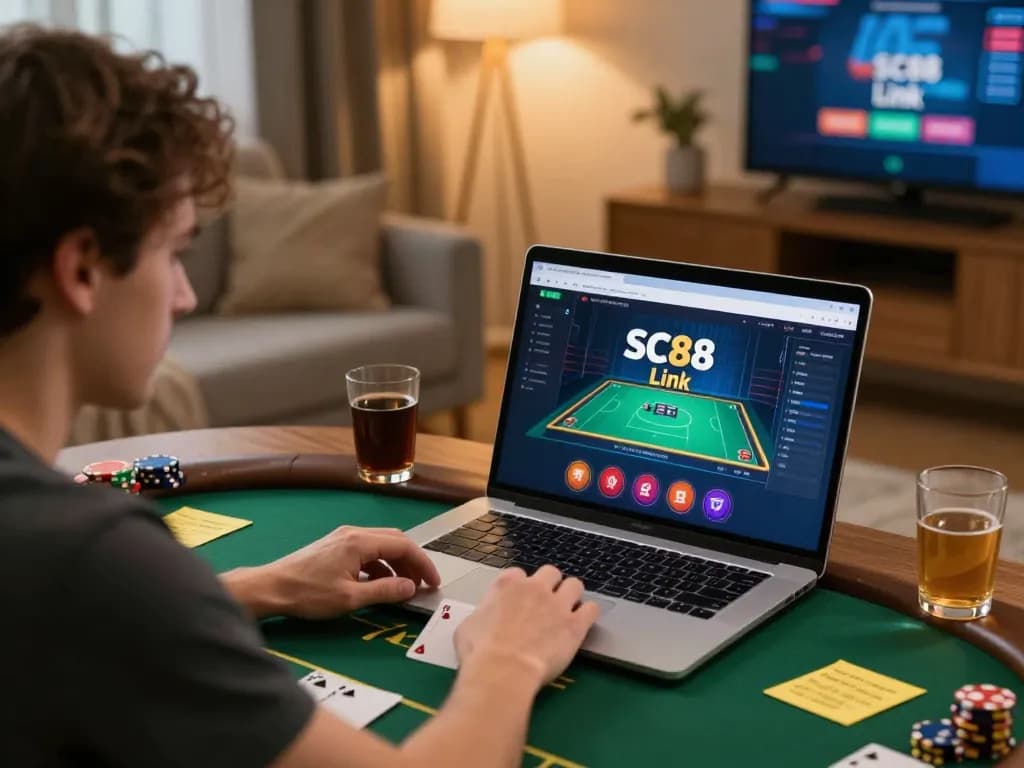 Engaging online poker gameplay on SC88 Link in a cozy home setting emphasizing strategic excitement.