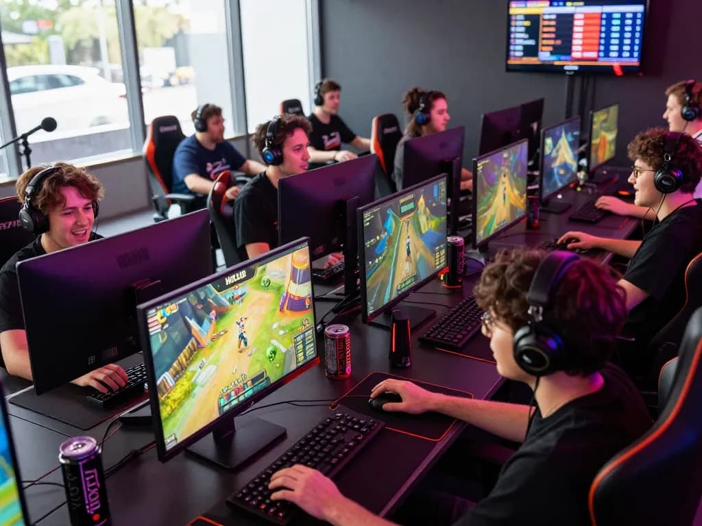 Engaged gamers enjoying HITCLUB games in a vibrant tech-savvy environment, showcasing excitement and competitive spirit.