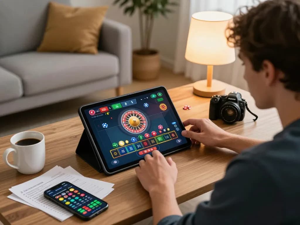 Player enjoying roulette on VK88 app at home with tablet and betting notes
