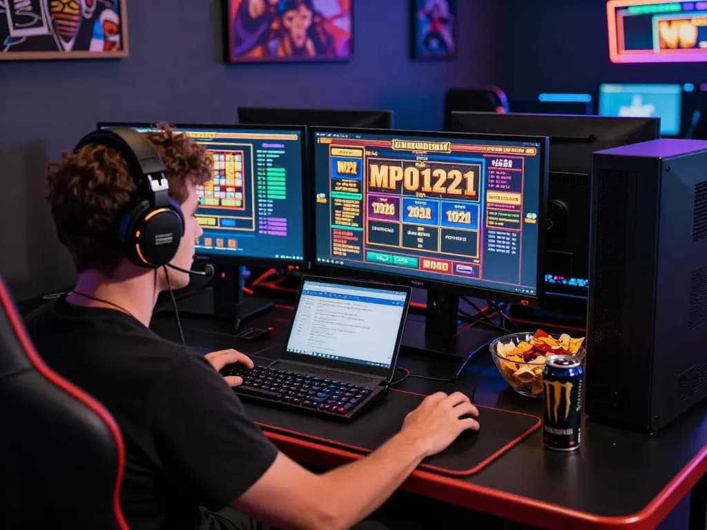 Penggemar game MPO1221 yang terlibat dalam pengaturan dual-monitor, menampilkan permainan slot langsung.
