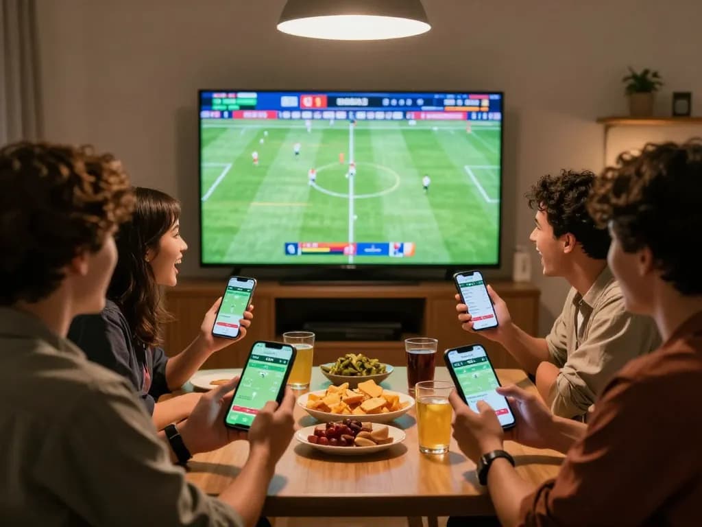 Friends excitedly using the soi kèo app for real-time sports betting during a thrilling match at home.