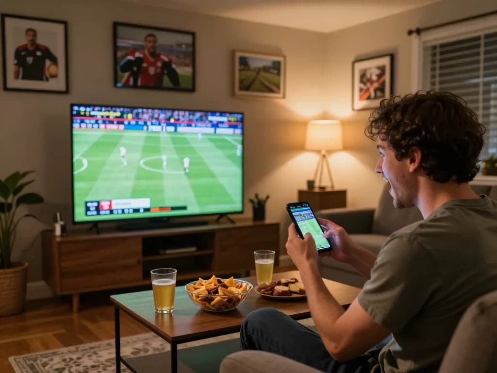 BL555 player engaging in live sports betting on smartphone during game night with friends