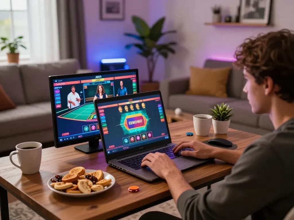 Engaging online casino gaming experience at home with Luck8 on laptop, cozy and inviting atmosphere.