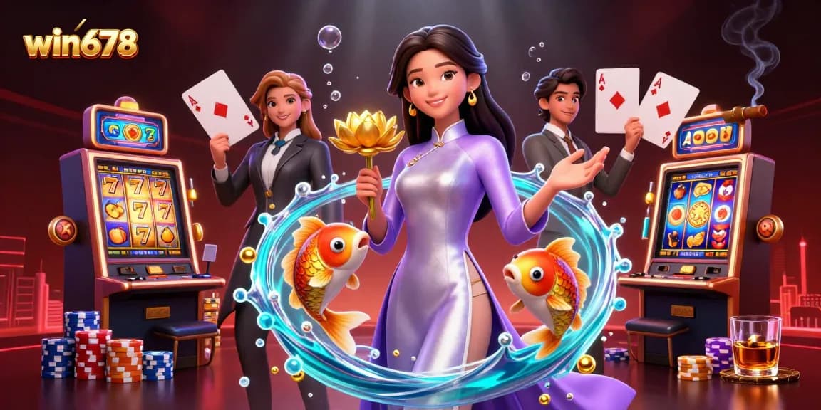 Experience winning at win678 with vibrant slot machines, elegant characters, and casino elements.