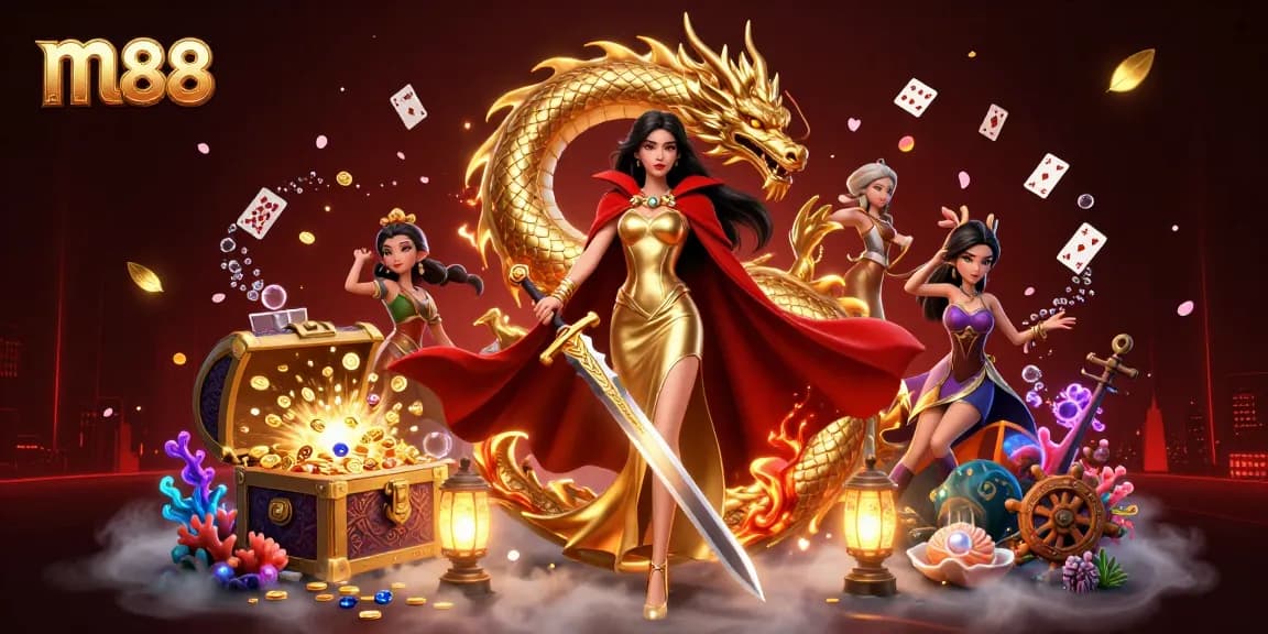 Rasakan gameplay yang mendebarkan dengan ilustrasi cerah m88 tentang aksi dan kegembiraan dalam adegan kasino fantasi.