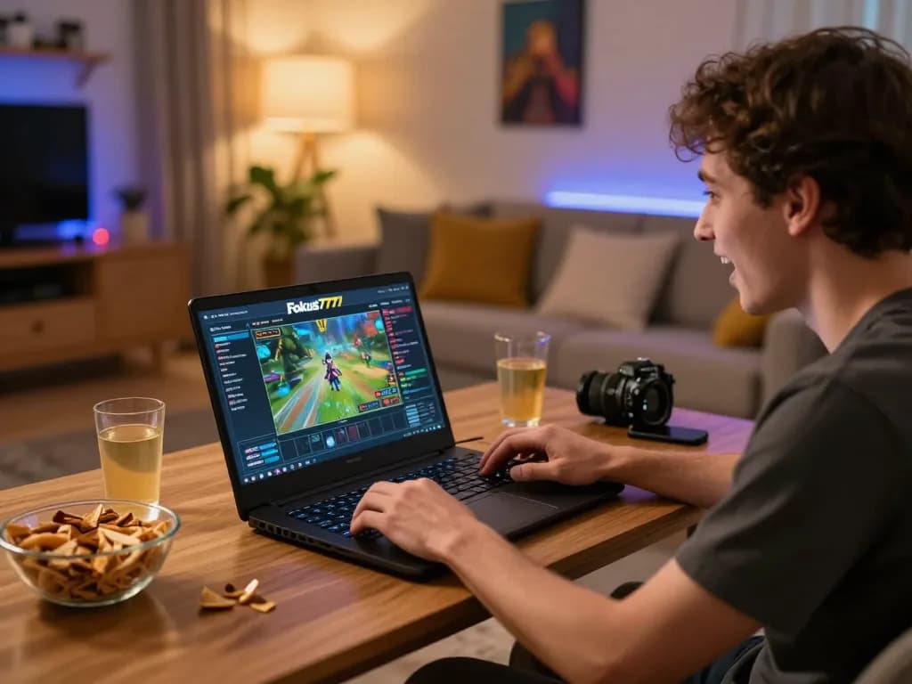 Engaging Fokus777 login scene with player immersed in online gaming, laptop displaying game interface in cozy home.