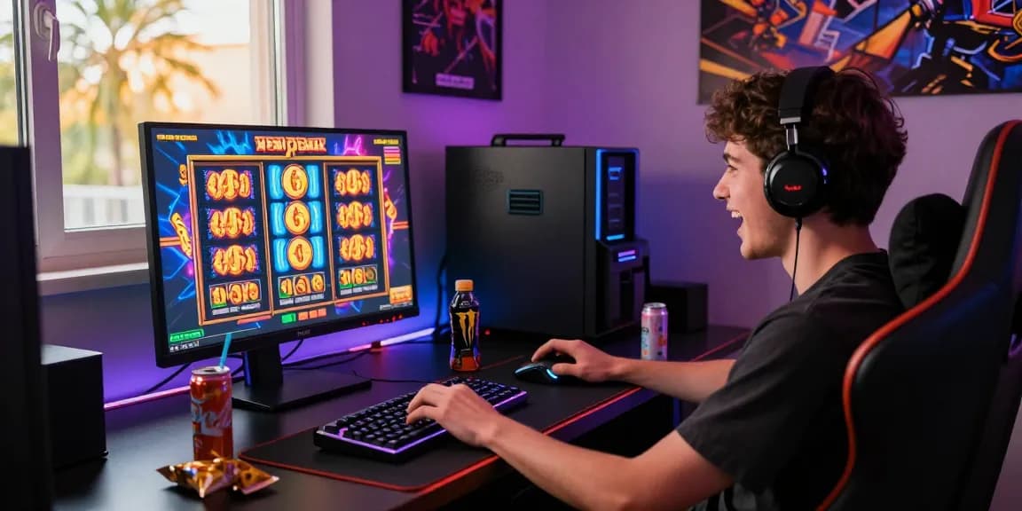 Slot gacor hari ini dengan pemain bersemangat bermain game slot online di ruang permainan yang nyaman.