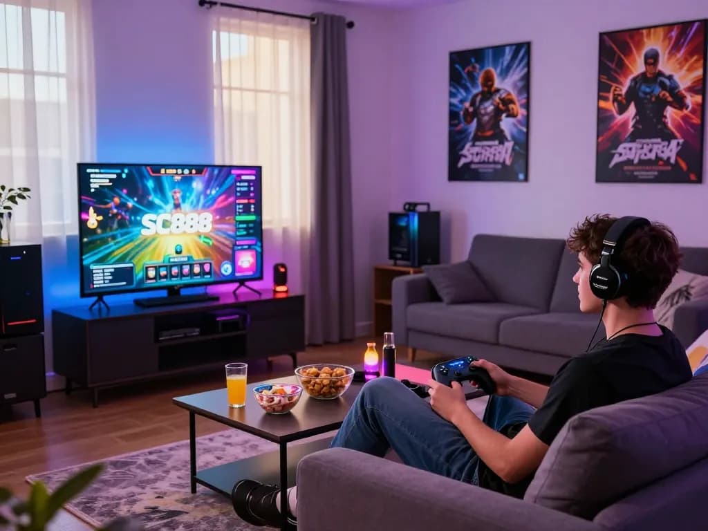 Engaging gaming experience at home with SC888 setup showcasing vibrant atmosphere and accessories