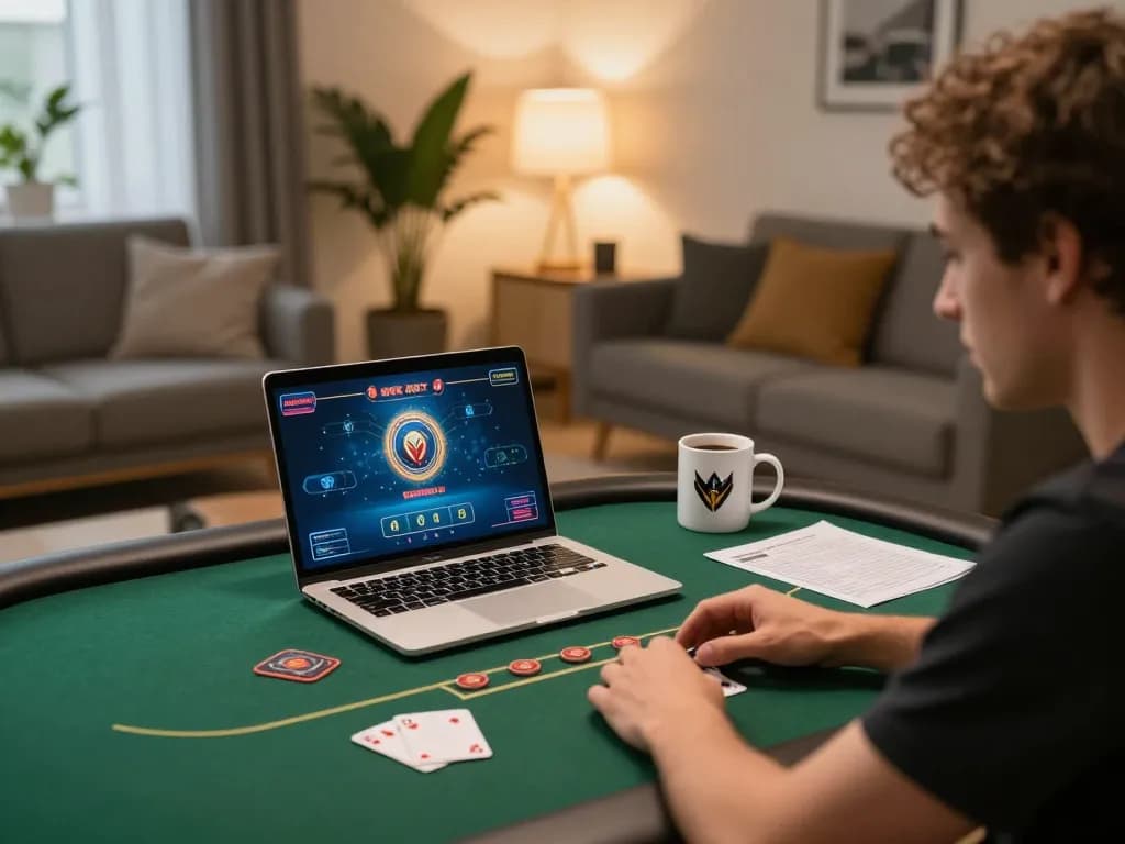 Engaging gameplay on Okwintv with an online poker game displayed on a laptop screen in a cozy home setting.