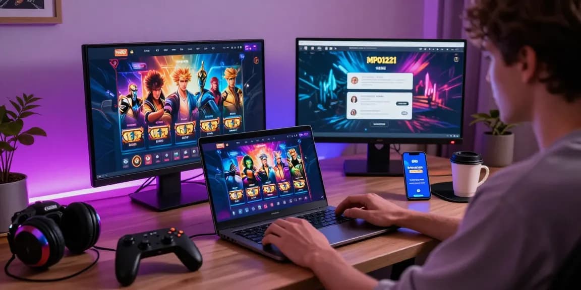 Pemain menikmati permainan slot MPO1221 dalam pengaturan gaming modern dengan tata letak dan aksesori yang cerah.
