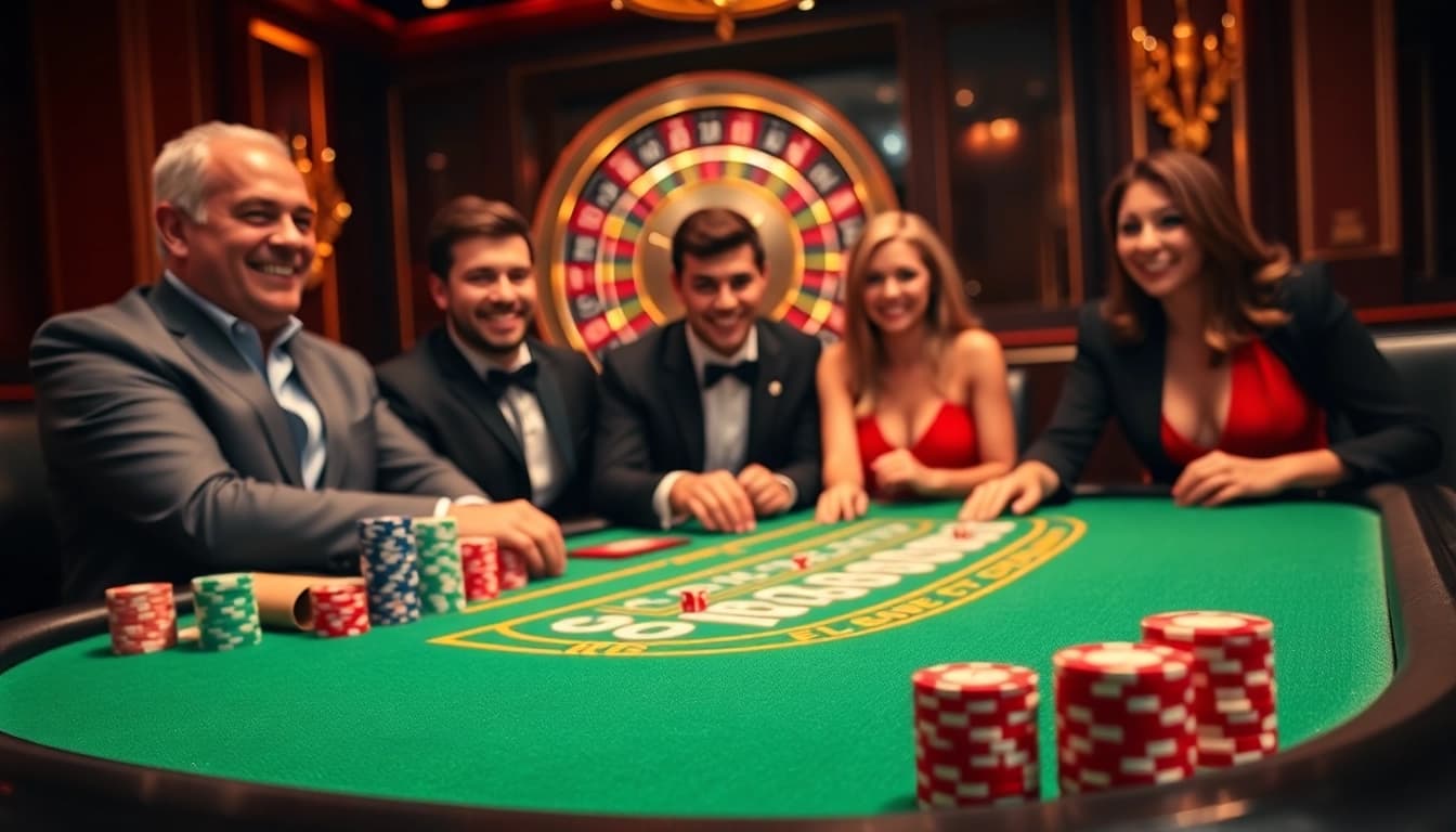 Players enjoying a thrilling game of blackjack at May88's luxurious casino, featuring vibrant colors and professional ambiance.
