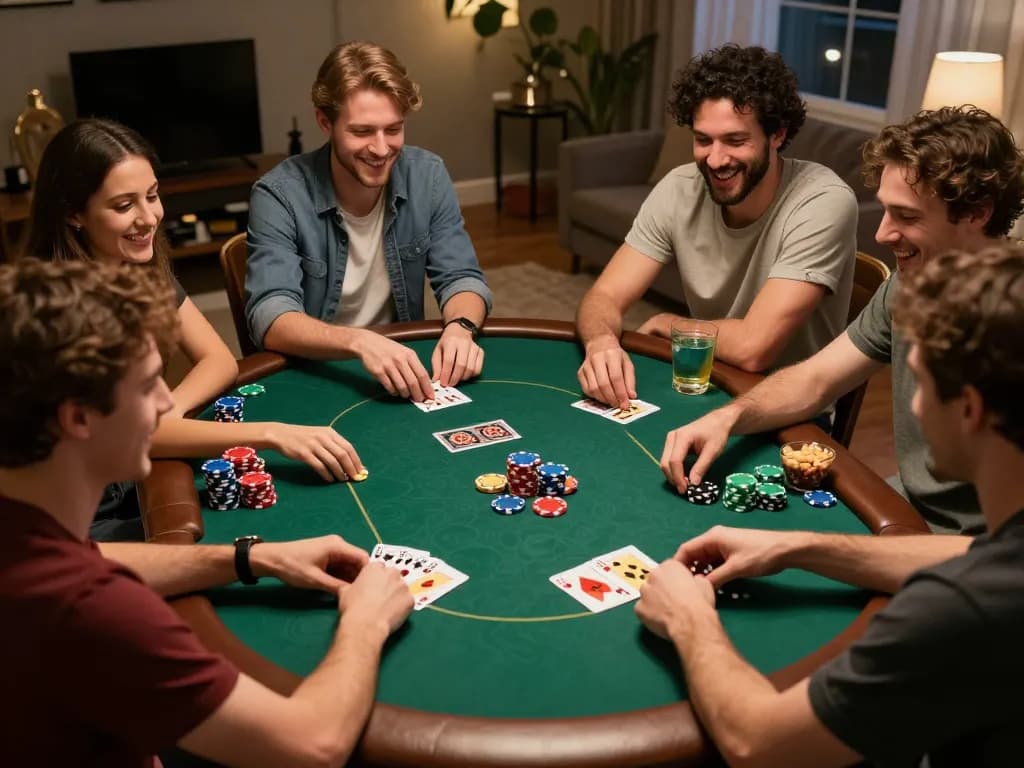 Friends enjoying a competitive poker night at home, focusing on may88 strategy and gameplay.