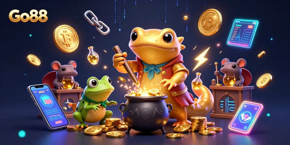 Engage with Go88 by exploring a vibrant scene of a wizard alchemist and gold-themed elements.
