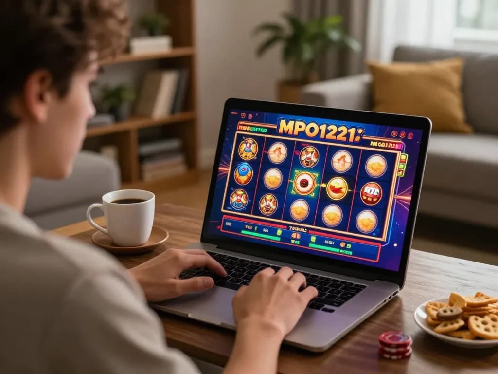 Pemain MPO1221 terlarut dalam permainan slot online di suasana rumah yang nyaman.