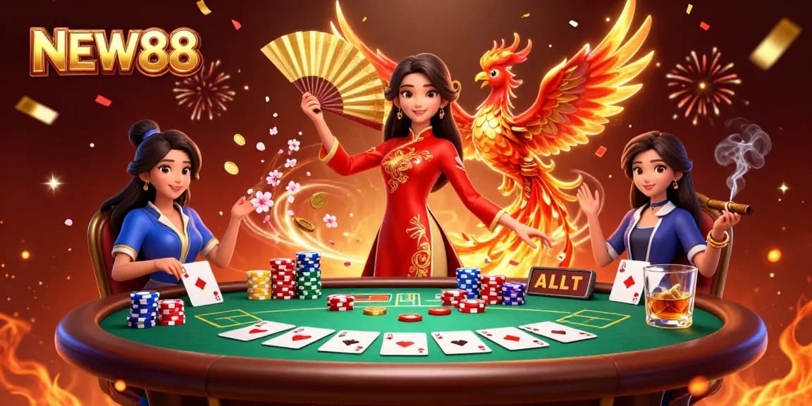 Experience excitement at NEW88 with a graceful Vietnamese woman, phoenix, and poker elements.