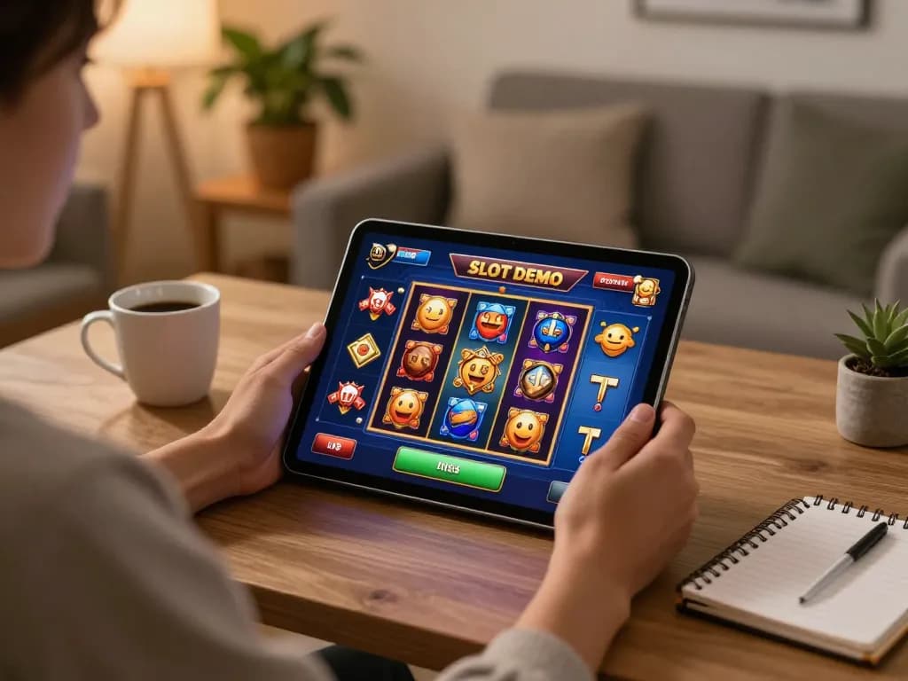 Engaging with a Slot Demo on a tablet in a cozy gaming setup, showcasing interactive features and strategic gameplay.