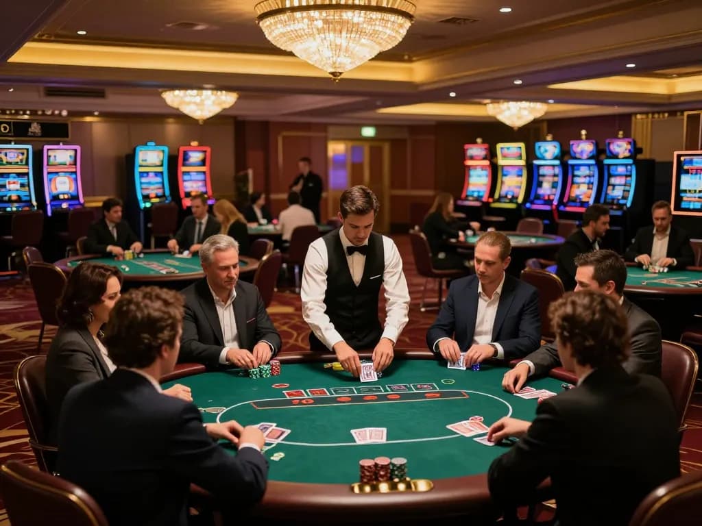 sunwin players enjoying poker at an upscale casino, dynamic gameplay with chips and cards in action