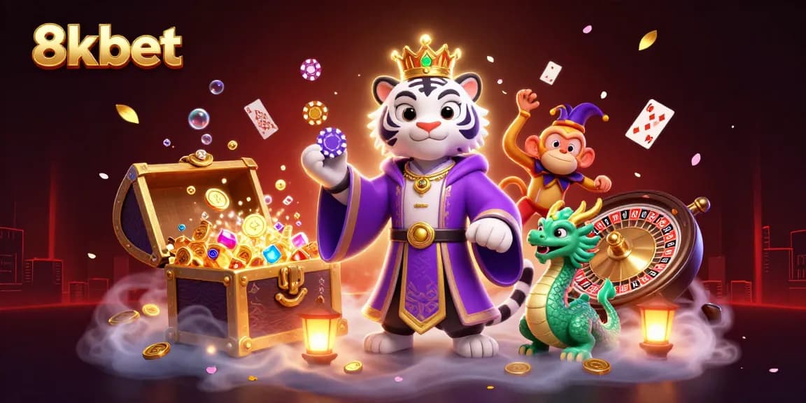 Engage with 8xbet's vibrant casino scene featuring a whimsical white tiger, golden monkey, and jade dragon.