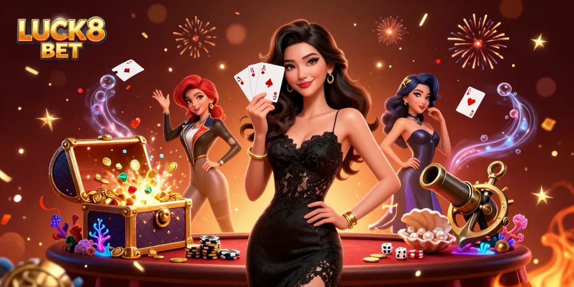 Experience excitement at LUCK8 BET with a photorealistic casino scene featuring an elegant woman and gaming elements.