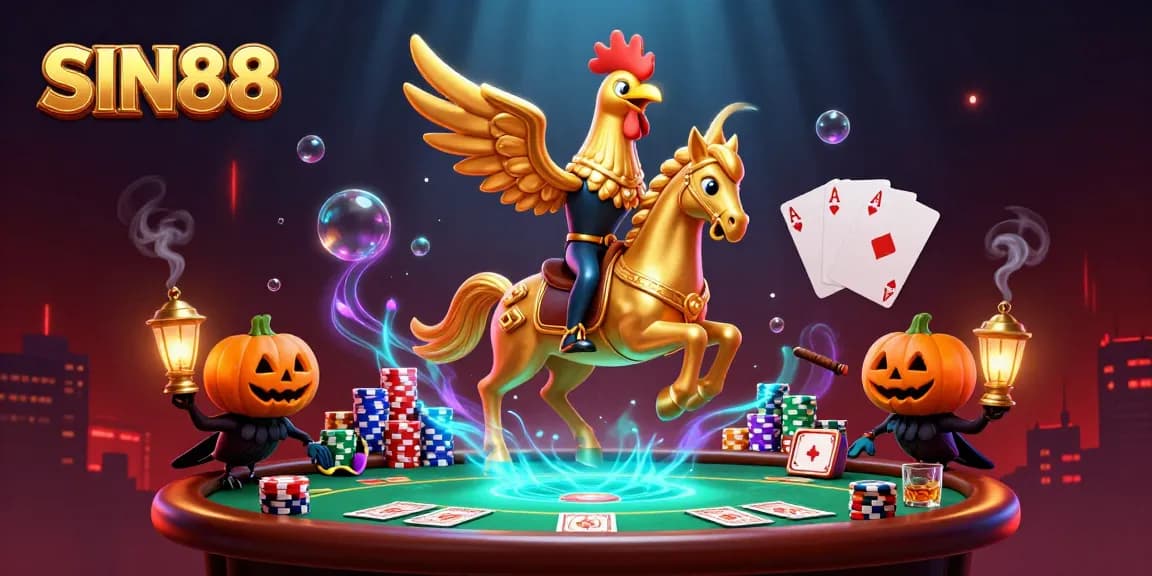 SIN88 attracts players with vibrant casino experiences, featuring golden rooster and poker elements.