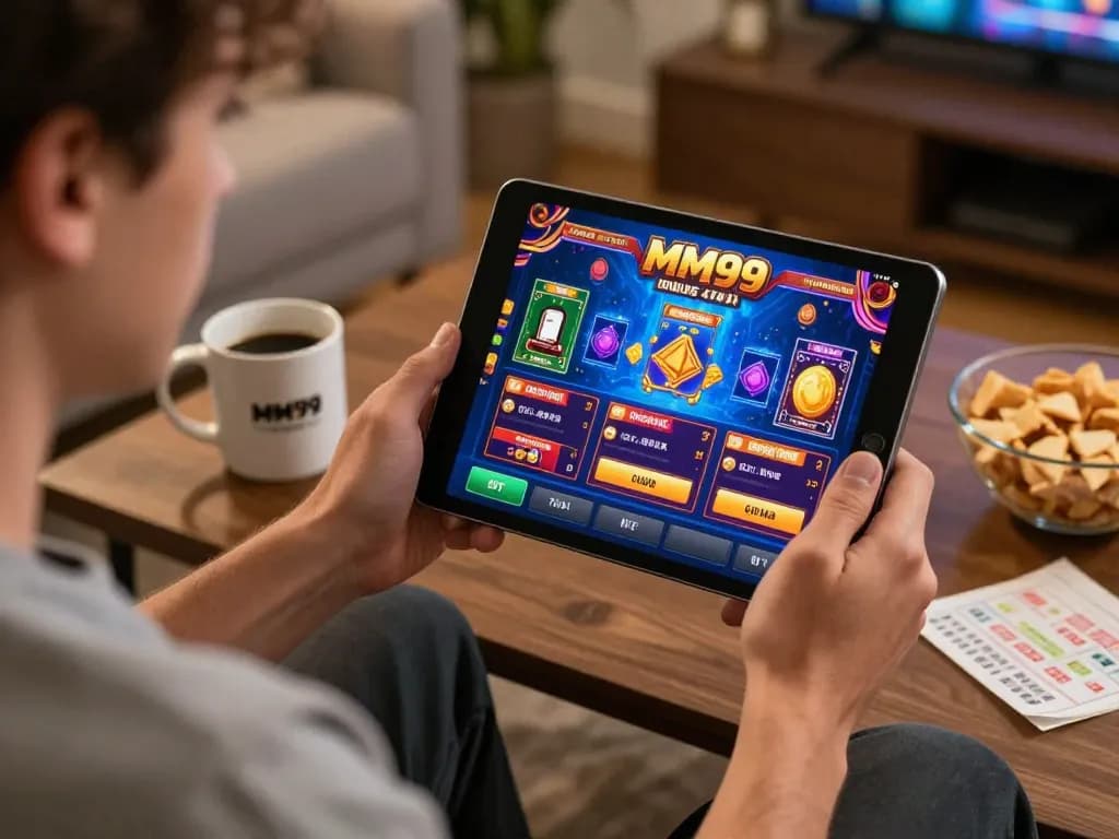 Player engaging with MM99 online casino on tablet, showcasing a strategic home gaming setup.